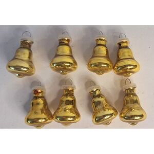 Lot Of 8 Glass Feather Christmas Ornaments Bell Shaped Gold Tone Vintage 70s